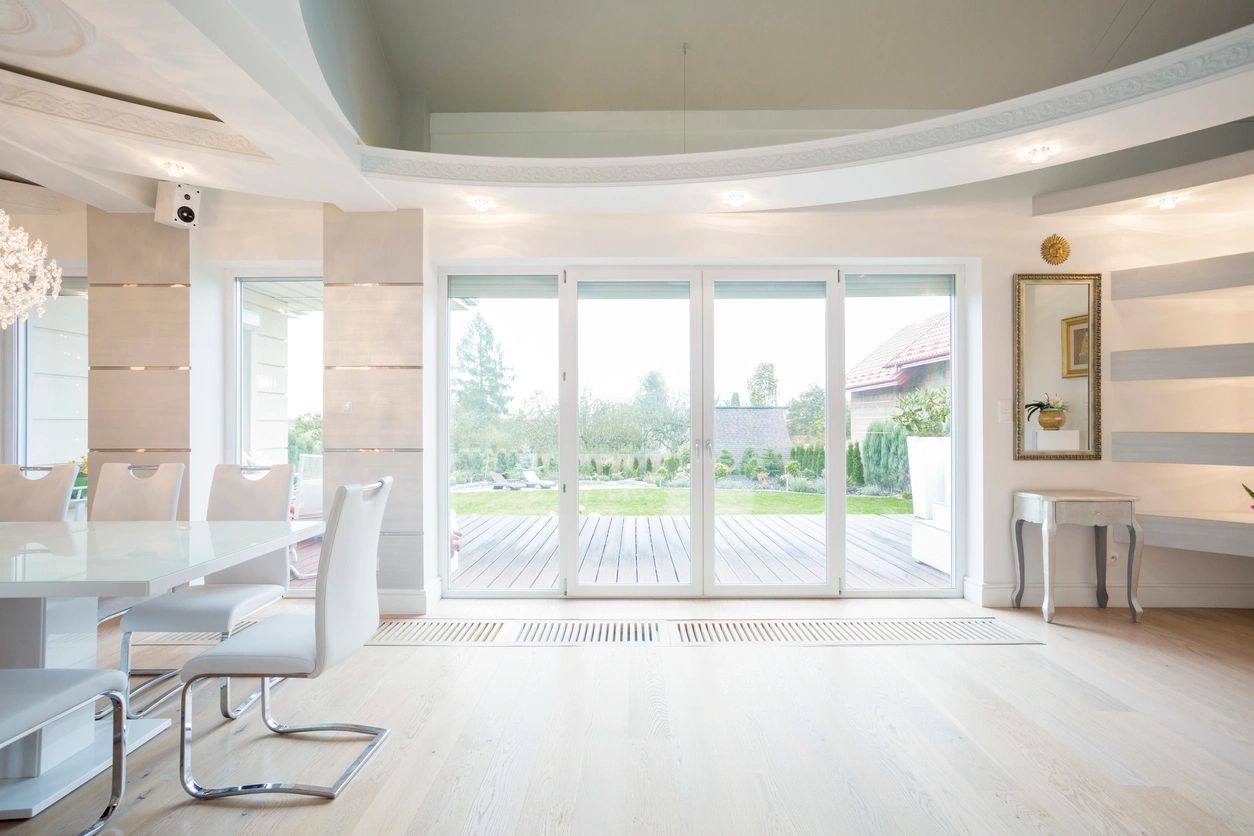 Modern interior with large glass doors